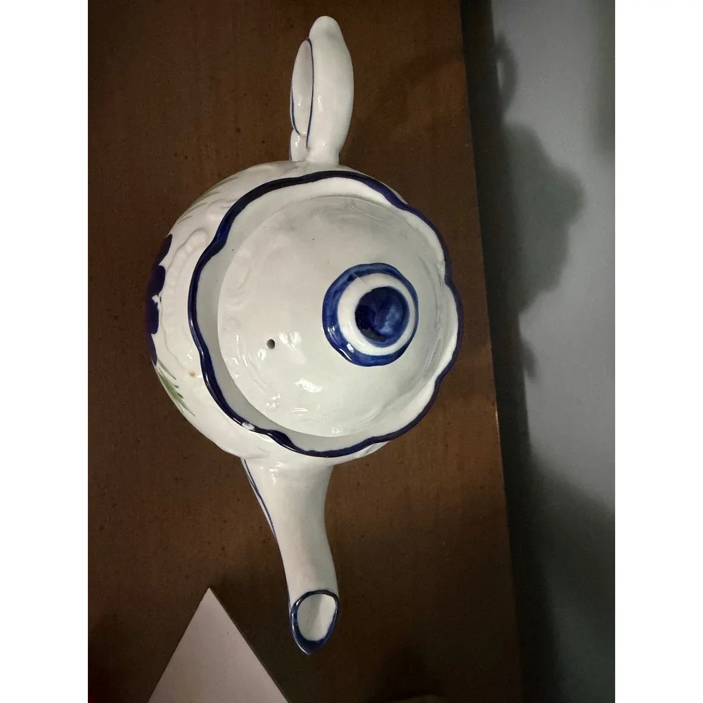 Vintage White Ceramic Teapot Blue Floral Hand Painted Cottagecore Tea Pot Lid